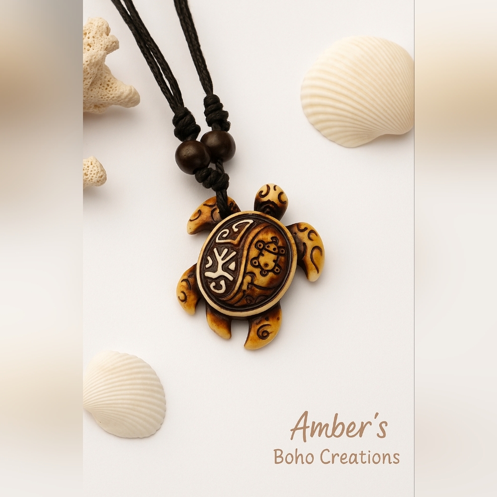 ✨ Title:Hand-Carved Turtle Pendant Necklace — Boho Beach Tribal Jewelry